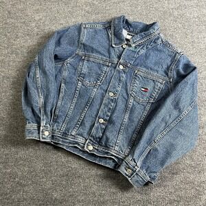 Vintage Tommy Hilfiger Jeans Jacket Womens Medium Blue Denim Big Flag Logo 90s